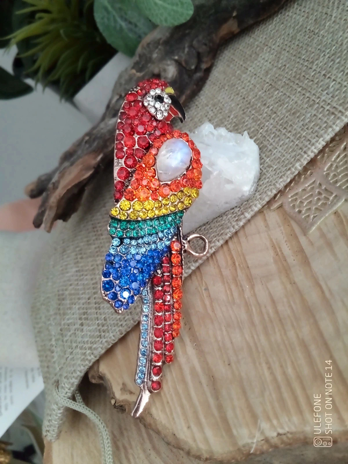 Broche perroquet exotique avec pierre de lune naturelle